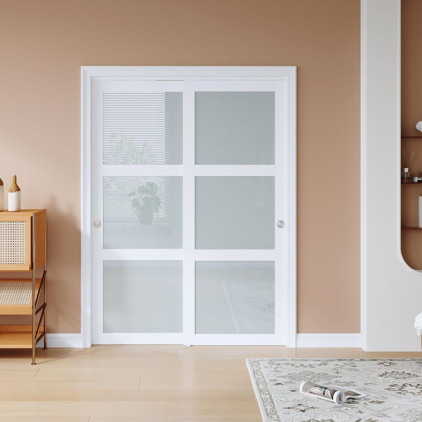EaseLife 56x80 in (Double 29in) Sliding Closet Door for Bedroom, 3-Lite Frosted Glass Sliding Door with Hardware Track Kit & Floor Guide, Preassembled Door Panel, MDF White Pocket Doors