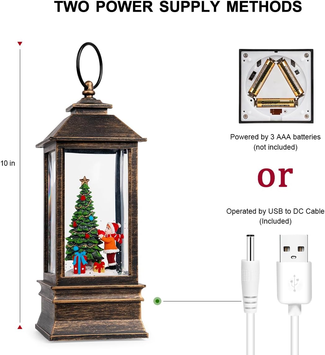 Skiennix 10'' Snow Globe Christmas Lantern - Musical & Lighted with Swirling Glitter | Battery or USB Powered