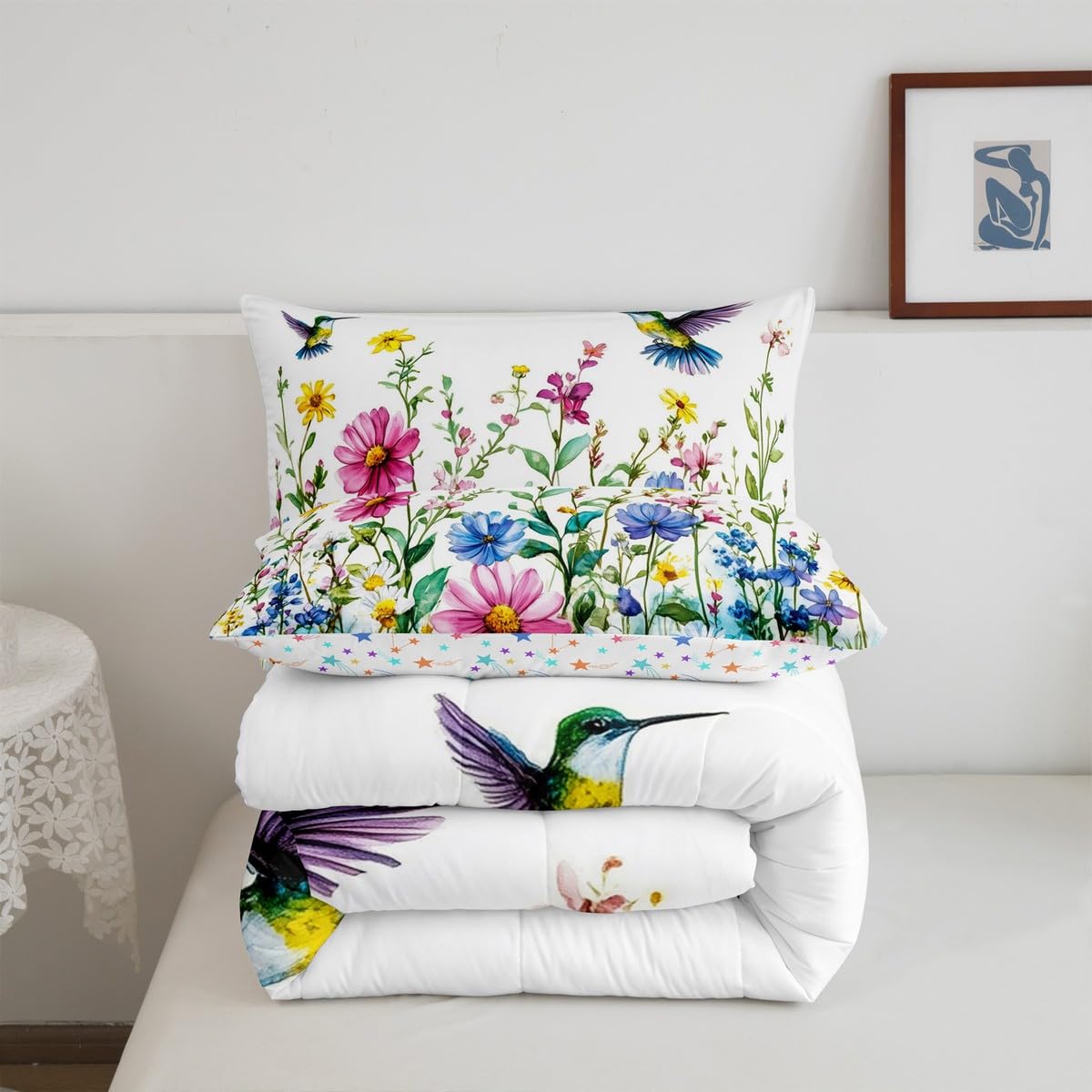 Feelyou Flower Bedding Set Twin Size Hummingbird Comforter Set for Kids Boys Girls Tropical Birds Comforter Hummingbird Flowers Duvet Set White