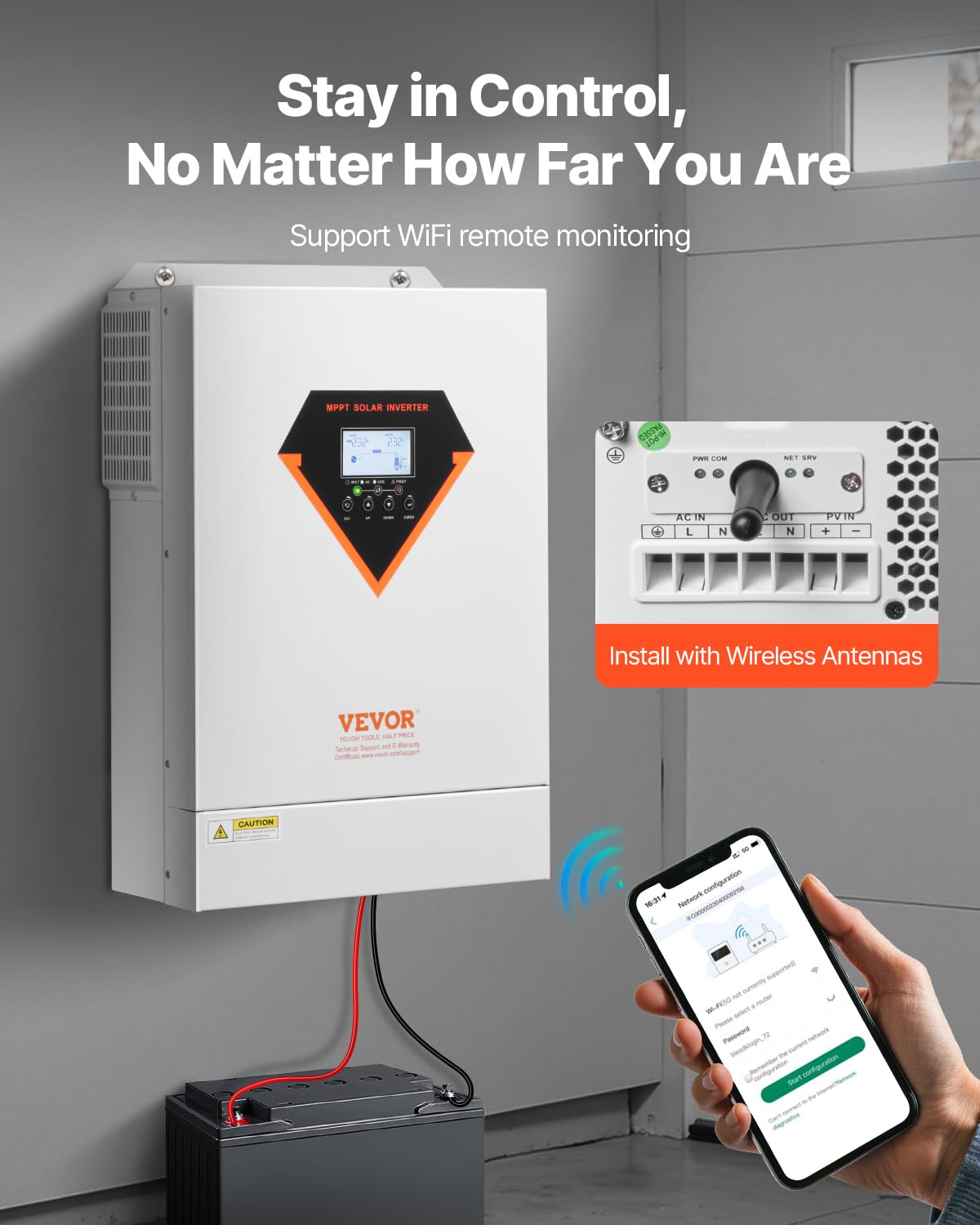 VEVOR Hybrid Solar Inverter, 6000W, Single Phase Pure Sine Wave Power Inverter, 48V DC to 220/230V AC, with Built-in 120A MPPT Solar Charge Controller, for Off-Grid System Lead Acid Lithium Battery