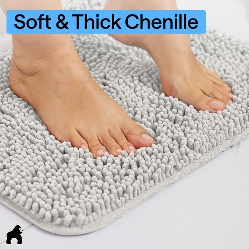 GORILLA GRIP Bath Rug Mat - Soft Absorbent Chenille | Quick Dry Microfiber, 36x24, Light Gray