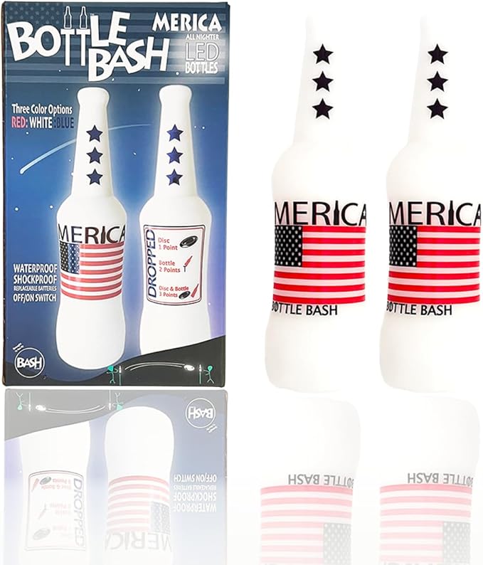 Original Bottle Bash (Beersbee, Polish Horseshoes, Frisbeer) Bottle Set, Unbreakable - Choose Yellow, USA or USA with LED Version