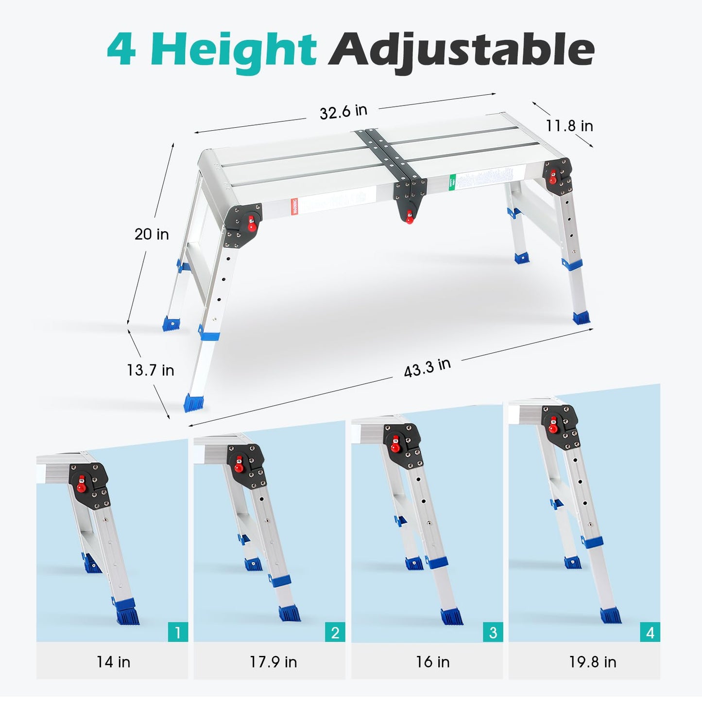 LEADALLWAY Portable Work Platform Height Adjustment and Lightweight 4 Step Closet Step Ladder