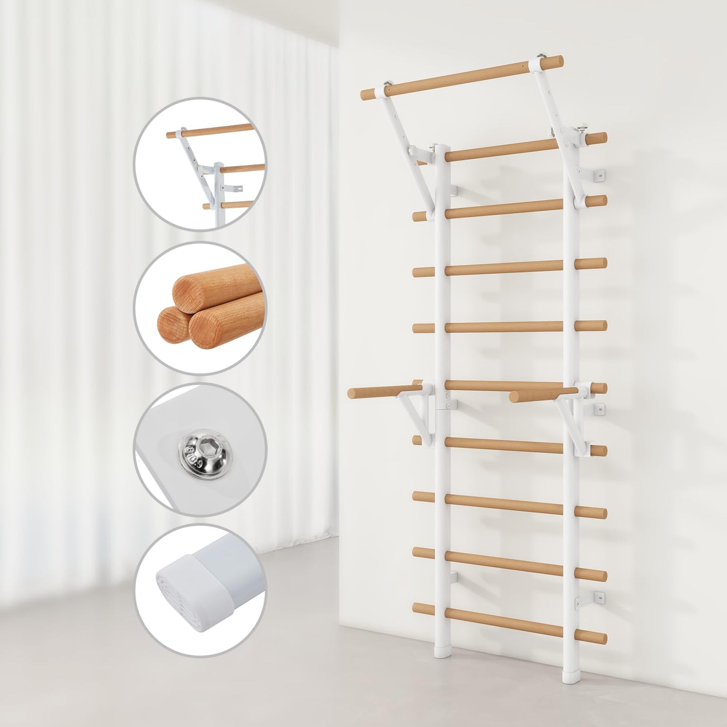 DHT Swedish Ladder Wall Gym, Wood Stall Bar, Suspension Trainer with 9 Strategic Rods, Indoor Jungle Gym for Kids and Adult, Wall Bars for Home, School, Physical Therapy and Gymnastics, White