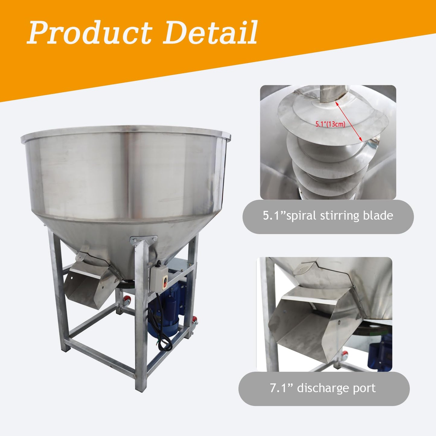 JARYANNIX 440LB Stainless Steel Feed Mixer, 110V 4KW Discharge Plastic Particles Mixing Machine with Spiral Stirring Blades, for Grain and Fertilizer Blending