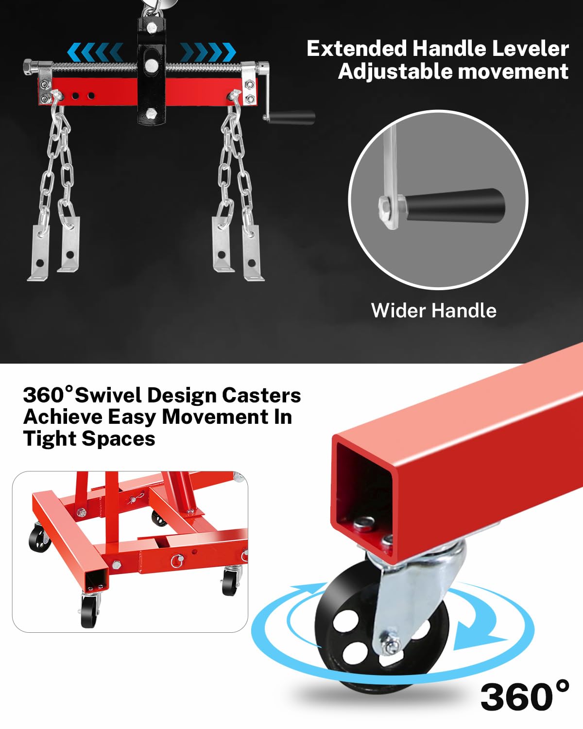 2 Ton Hydraulic Engine Hoist Crane with Lever, Folding Heavy-Duty Cherry Picker with 6 Locking Wheels & 4 Boom Positions, for Truck/SUV Engines, Garage Workshop, Industrial Lifting (Net Wt. 168 lbs)