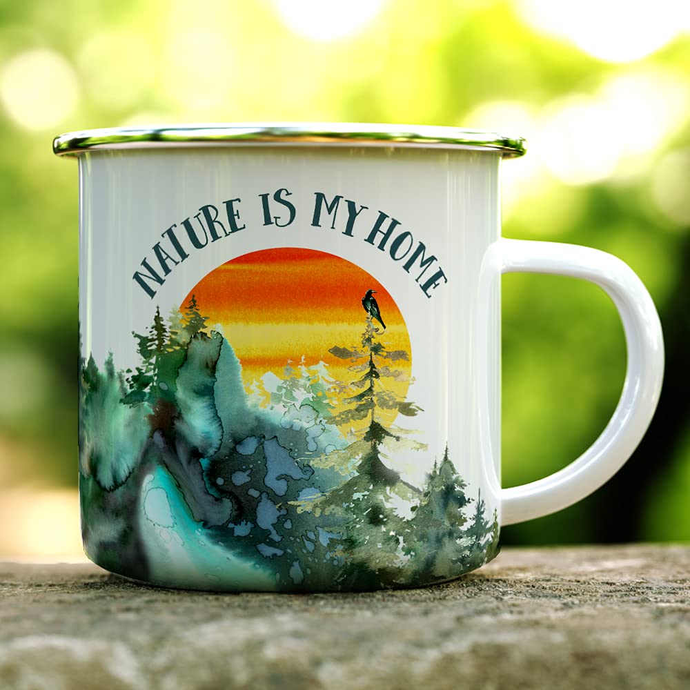 Loftipop Nature is My Home Enamel Campfire Coffee Mug, Outdoor Adventure Enthusiast Camping Cup, Mountains Wildlife Hiking Camp Lover Gift (12oz)