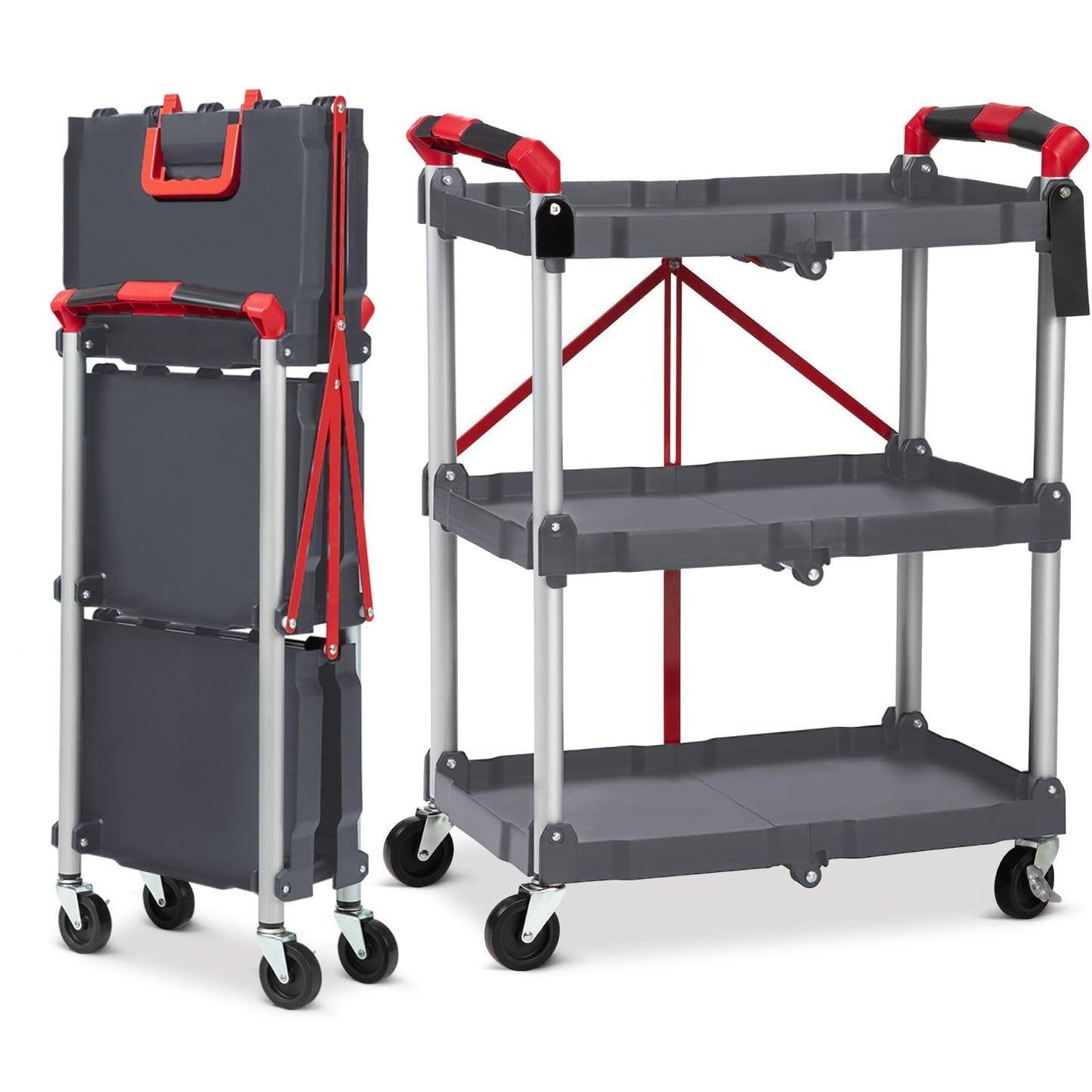 Foldable Utility Carts with Wheels, 3-Tier Holds Folding Rolling Cart with Fixed Rope, Pack-N-Roll Collapsible Service Cart for Home, Office, Garage, and Warehouse - No Assembly Required