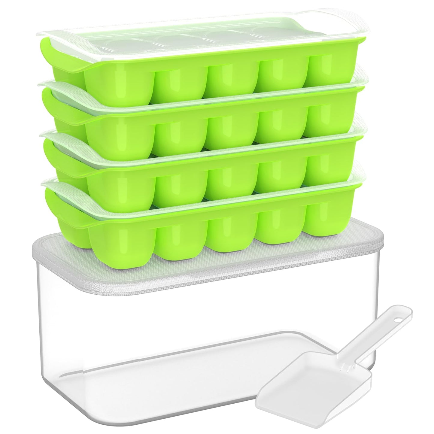 DOQAUS Ice Cube Tray with Lid and Bin - 4 Pack Ice Bucket Kits, Stackable Silicone Ice Trays for Freezer, Easy Pop Out, BPA Free for Cocktail, Coffee, Soup, Food, RV, Kitchen