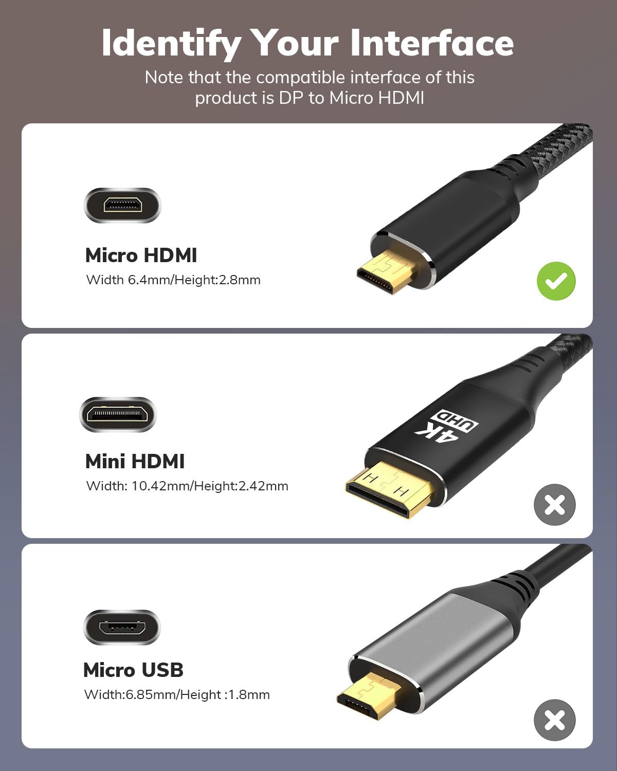 4K 3FT, 1440P/2K@120Hz,4K@30 XG17AHP, DisplayPort to Micro HDMI Cable DP to Micro HDMI Nylon Uni-Directional Cord