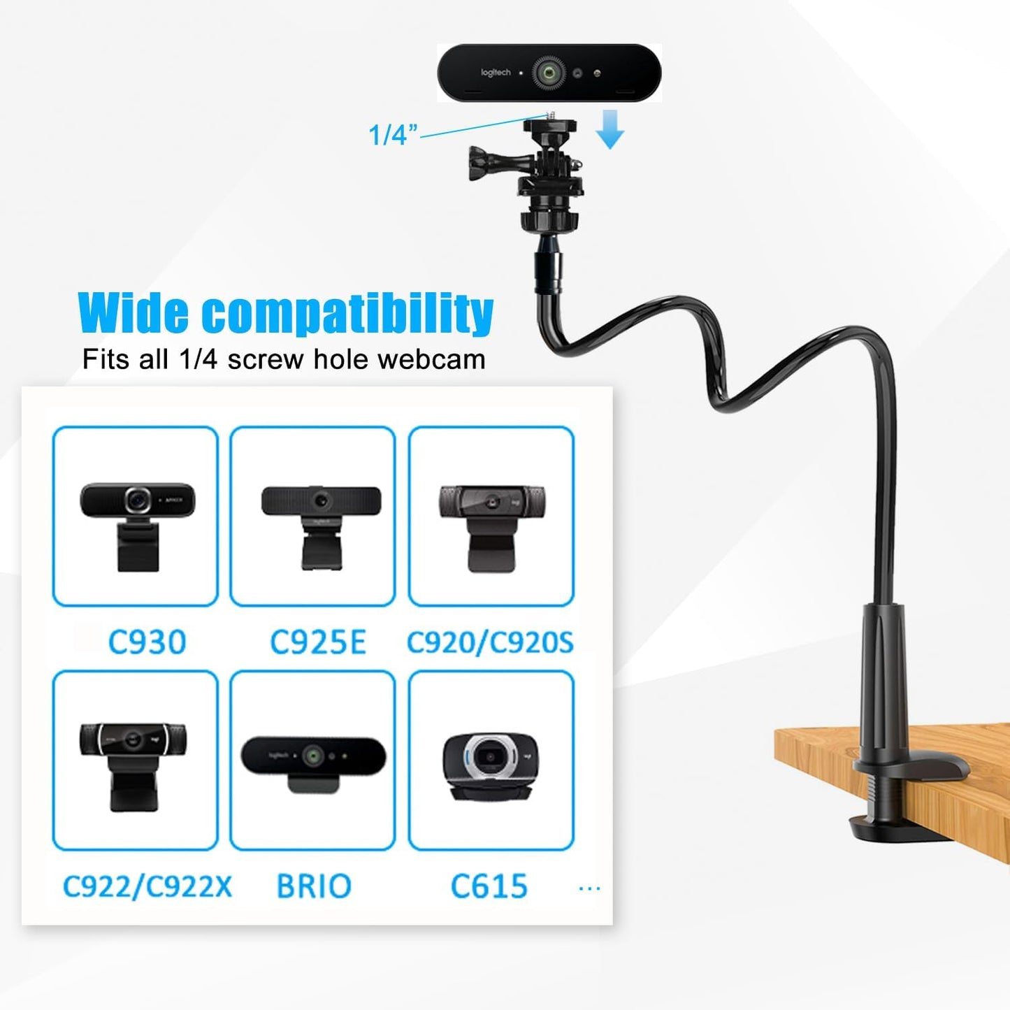 Khazylorr C922 C930e C920S C920 C615 C960 C920x 4K N60 Webcam Stand for Desk, Flexible Gooseneck Webcam Mount Holder