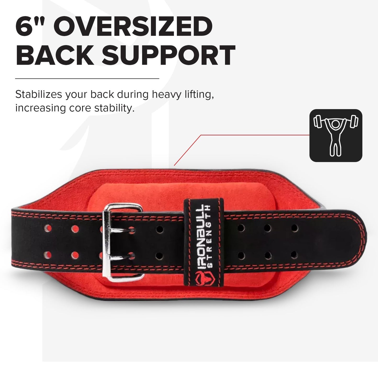 Iron Bull Strength Padded Weightlifting Belt - 6-inch Suede Leather Weight Belt - Heavy Duty and Comfortable Back Support for Heavy Weight Lifting, Crossfit and Fitness (Black/Red, Medium)