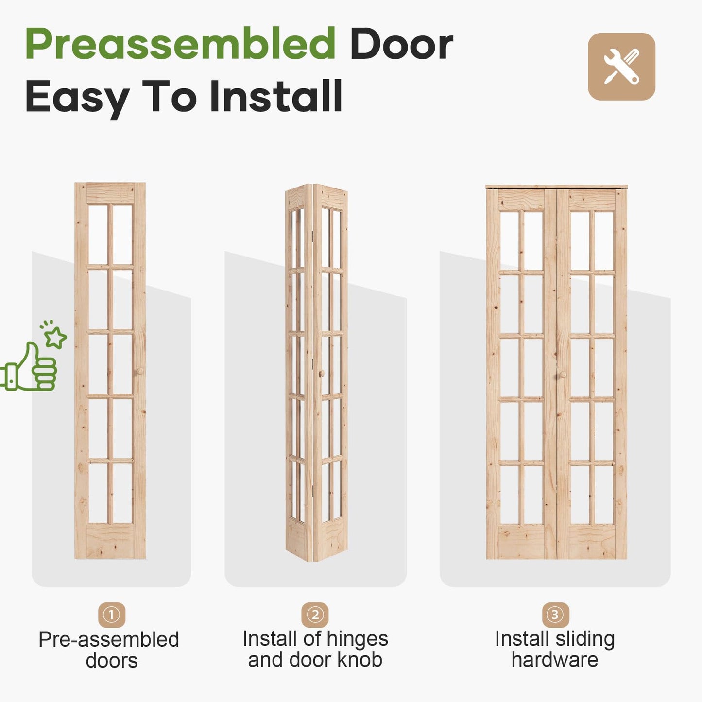 EaseLife Bifold Closet Door,for 30in x 80in (Double 15x80) Opening,French Glass Barn Doors with 2.5FT Concealed Bi-Fold Sliding Hardware Kit Included,Preassembled Door,Easy Install,DIY staining
