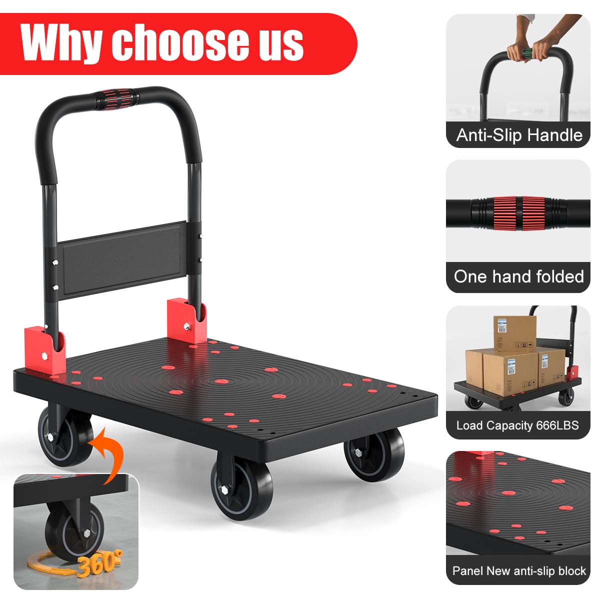 WUD Push Cart, Folding Mobile Platform Trolley,Thickened and Reinforced, 360° Swivel Wheels, 28.7 “L x 19.3 ”W, 661 lb.Black Dolly cart with Wheels
