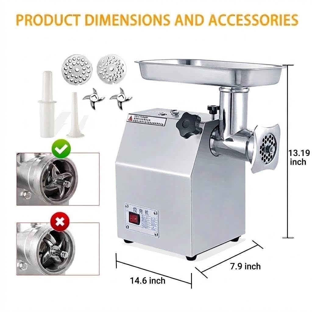 800W Commercial Electric Meat Grinder for Home and Restaurant, Heavy Duty Stainless Steel Mincer with Sausage Stuffer, 6mm/8mm Plates, Dual Blades, Food Processor for Meat, Poultry, Fish, Veg