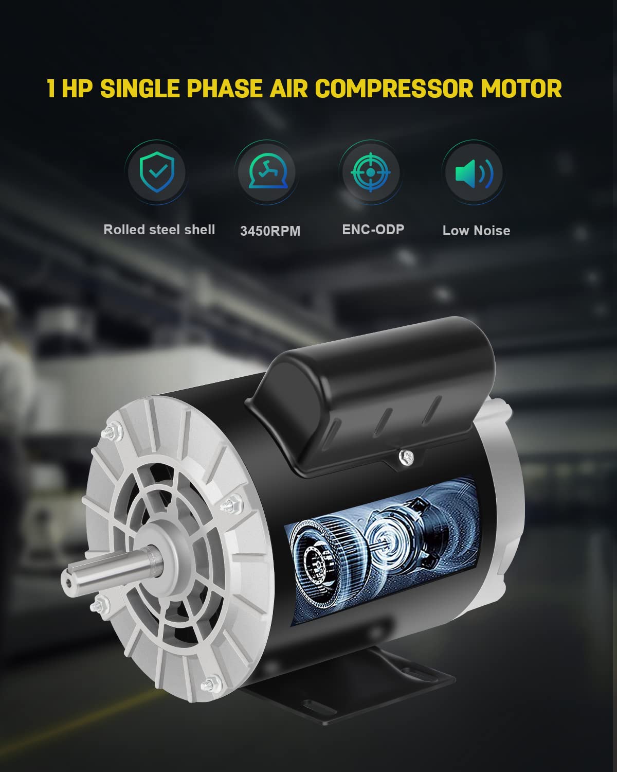 1 HP Air Compressor Motor, Electric Motor 3450 RPM, 115/230V Single Phase, 56 Frame 5/8" Keyed Shaft 60 Hz, Commercial-Duty CCW Rotation, 1.88" Shaft Length for Air Compressors