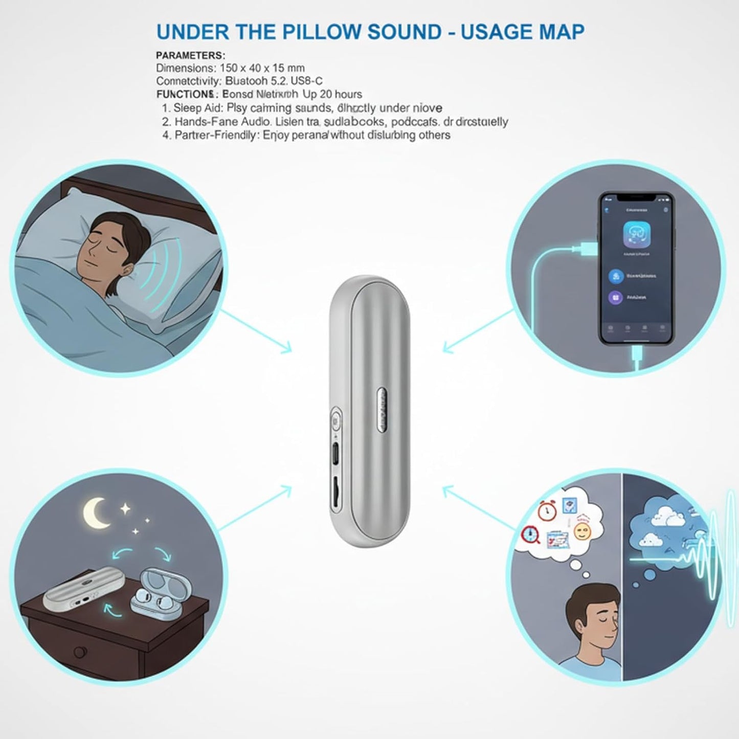 Morseatooke Pillow Speaker Bluetooth Sound Machine with Bone Conduction Technology,White Noise for Sleep Enhancement