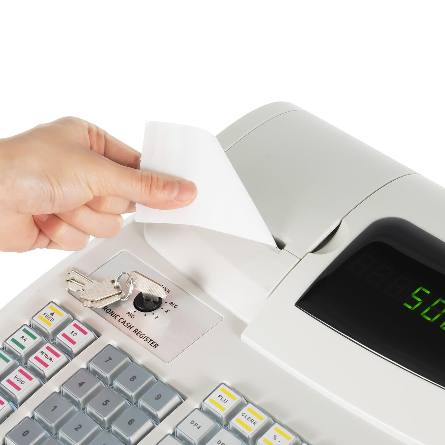 GUEYYSAN ECR100 Electronic Cash Register, 47 Keys Cash Register with High-Speed Thermal Print Head 9-Character LED Register White for Supermarket Shopping Mall Restaurant
