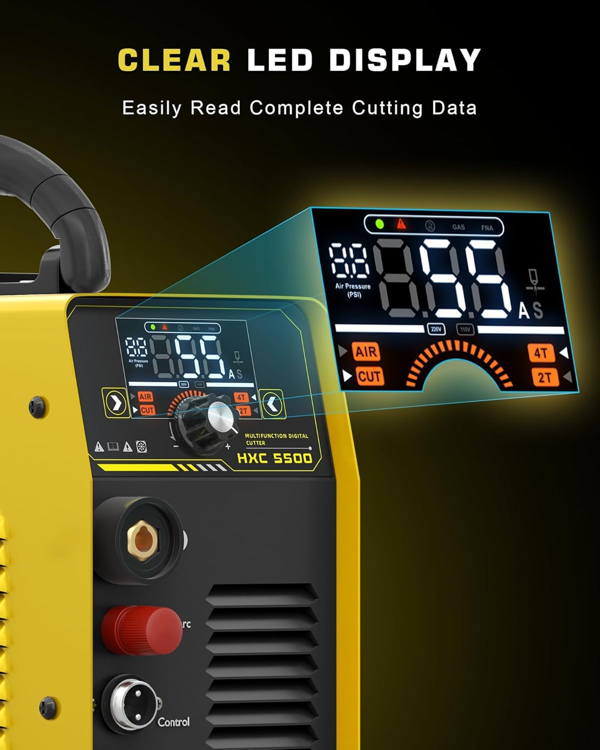 Plasma Cutter 55A with Large LED Display Non Touch Pilot Arc Plasma Cutter Machine Equipment Inverter Technology Dual Voltage 110V/220V 2T 4T Modes Maximum Cutting Thickness 3/4 Inch Clean Cuts
