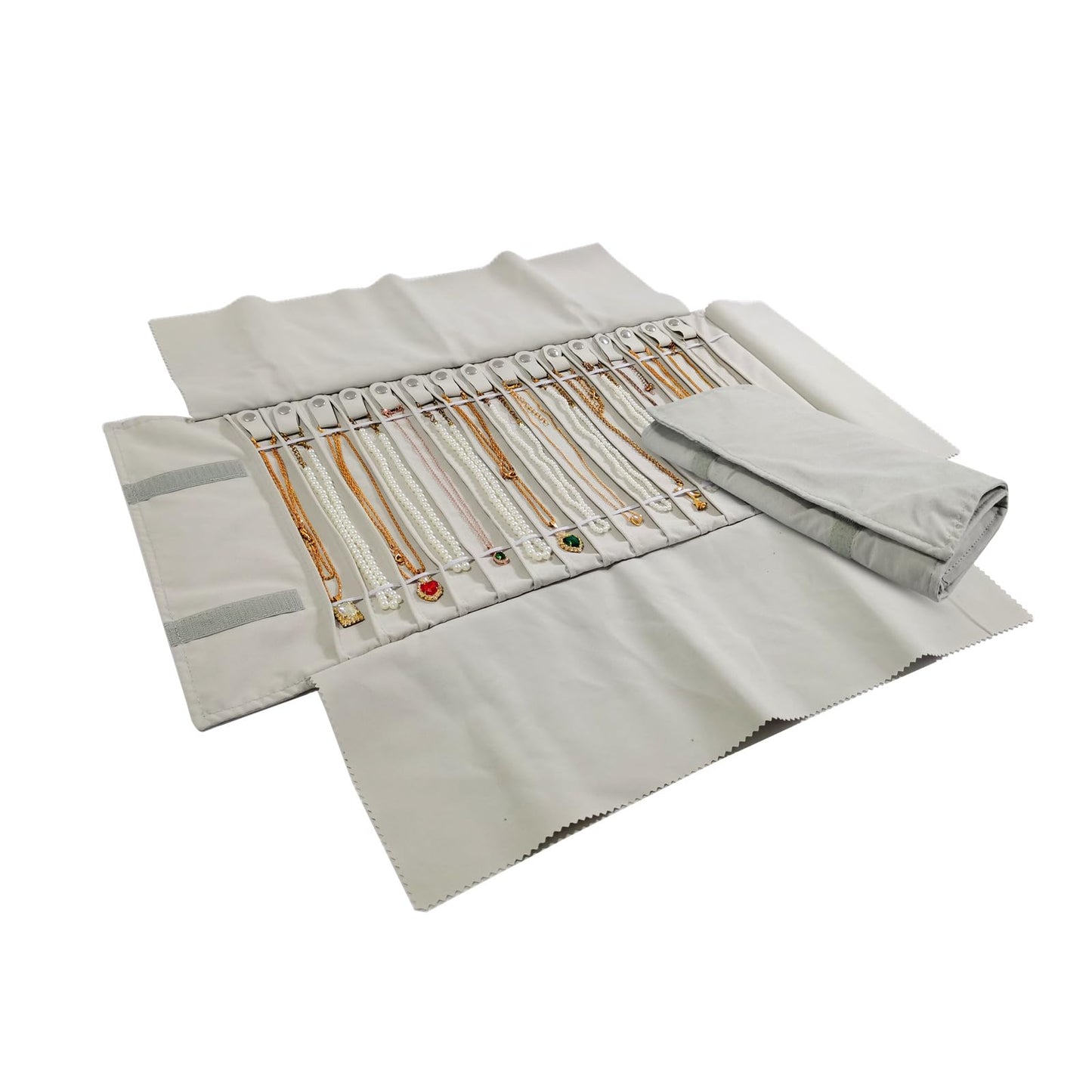 SCIKHEFT Portable Jewelry Roll Untangled Secure Necklace Travel Storage Bag Displays Holder 16 Chain (Beige)