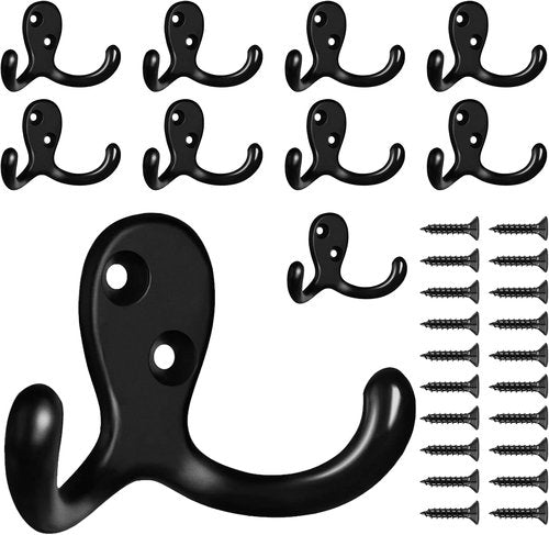 CBWLWJ Coat Hooks - Heavy Duty Double Prong Metal Wall Hooks for Home | 10 Pack in Black