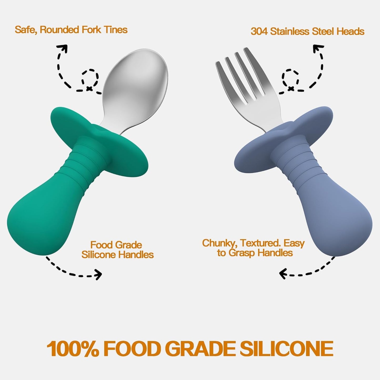 Skiennix Toddler Spoons and Forks Set - 4-Piece Kids Silverware with Silicone Handle | BPA-Free, Anti-Choke Design (Dark Blue, Green)