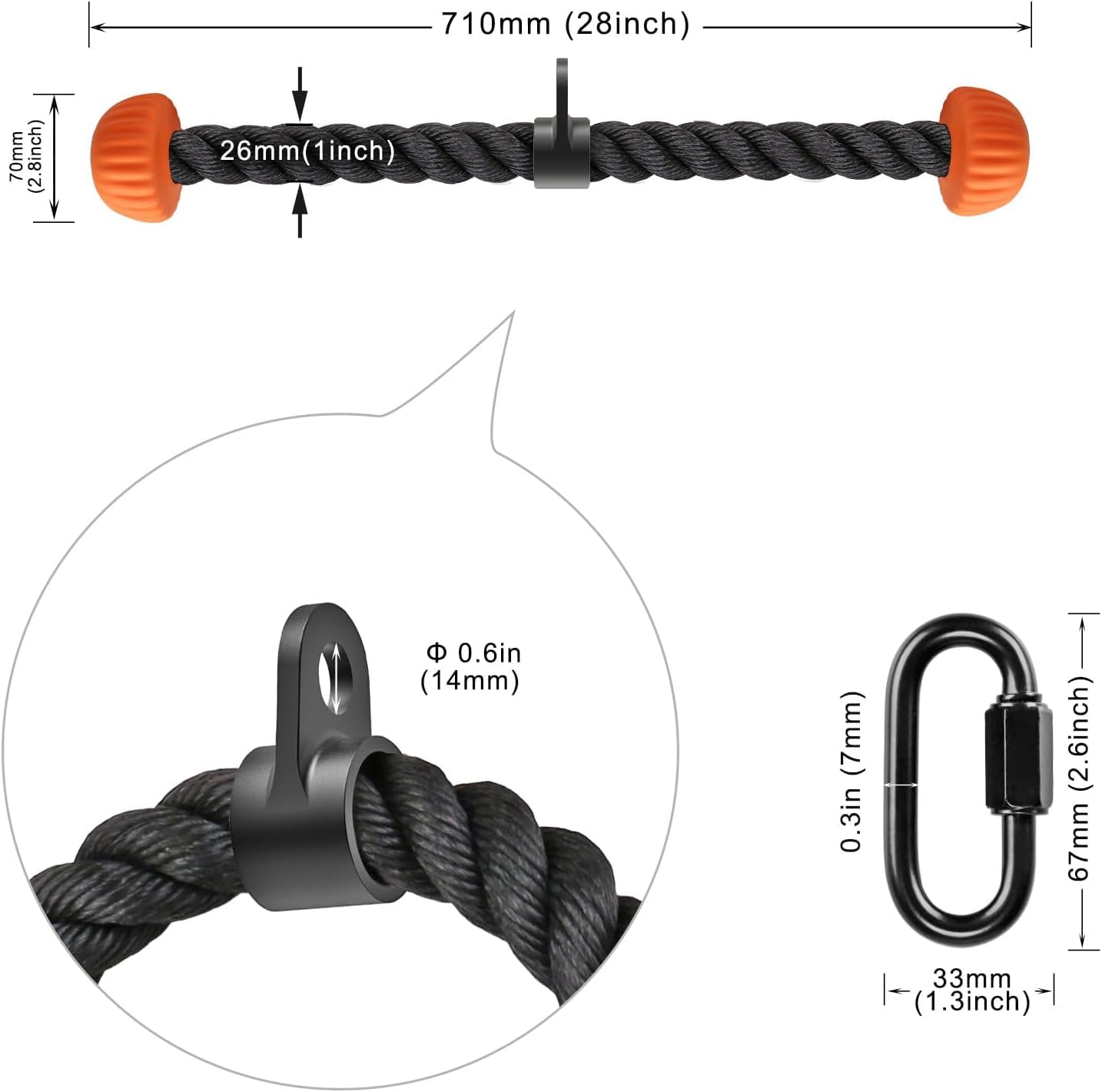 SELEWARE Triceps Rope with Non-Slip Soft Rubber Ends Home Gym Cable Attachment Workout Accessories 28 inches Long Orange