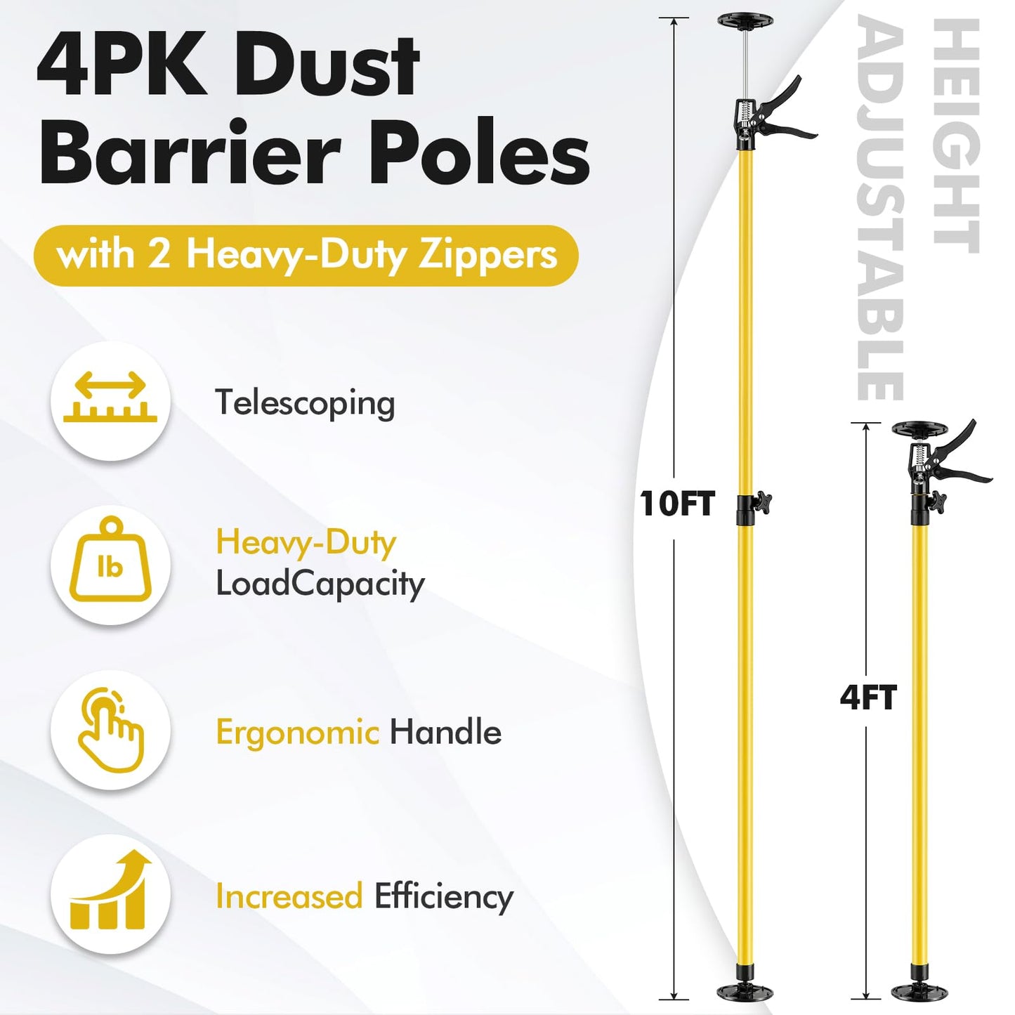 4PK Dust Barrier Poles,10FT Dust Barrier Poles Kit,Adjustable Dust Containment Pole with 2 Heavy-Duty Zippers Spring Retractable Wall Poles for Renovation & Construction Renovation-Yellow