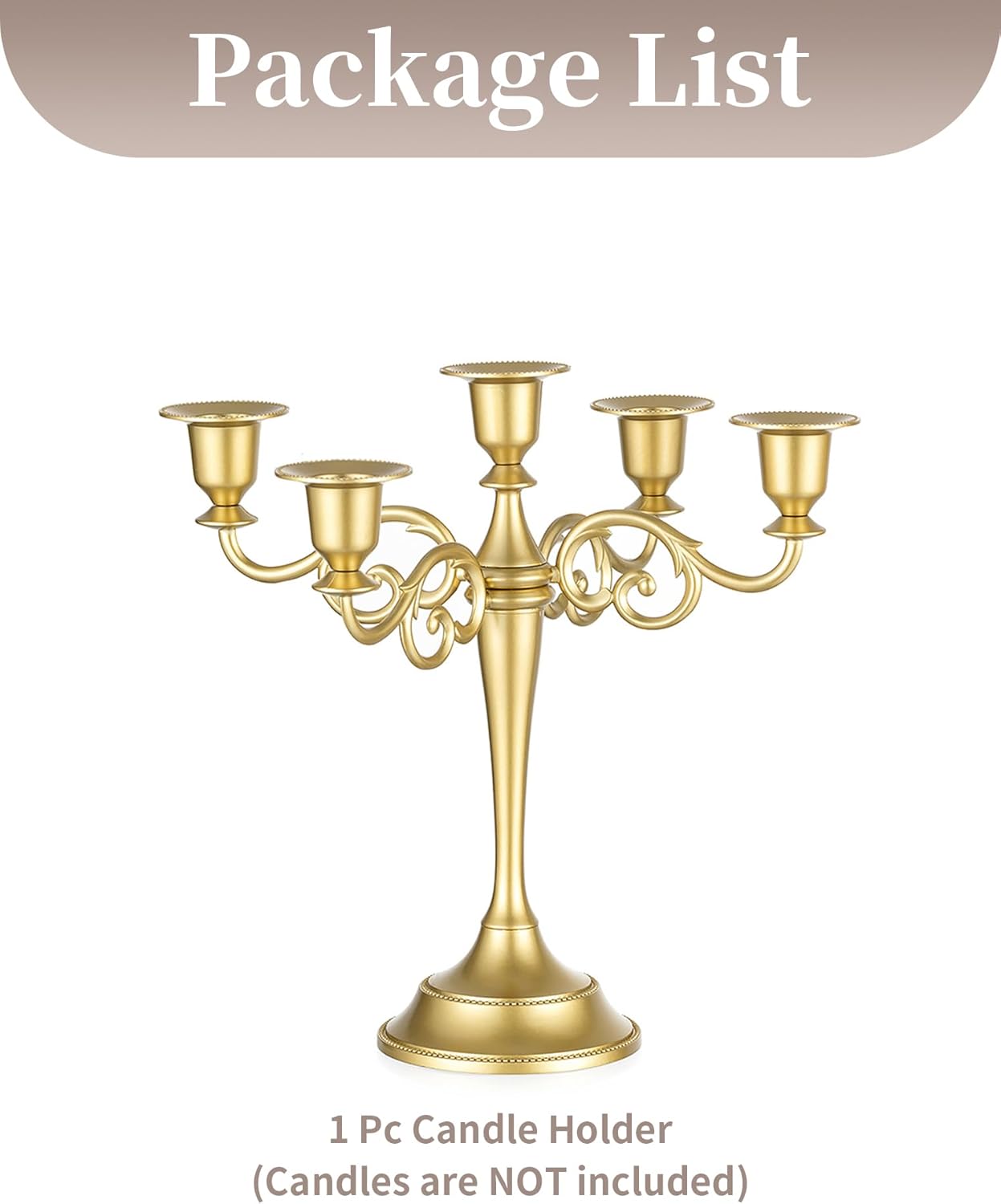 Sziqiqi Gold Candelabra | 10-Inch Table Centerpiece Candle Holder for Taper Candles - 5 Arms Design