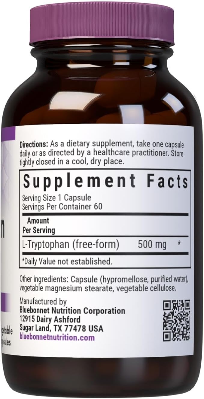 Bluebonnet Nutrition L-Trypotophan 500mg, for Neurotransmitting Support*, Supports Positive Mood*, Soy-Free, Gluten-Free, Non-GMO, Kosher Certified, Vegan, White 60 Vegetable Capsules, 60 Servings