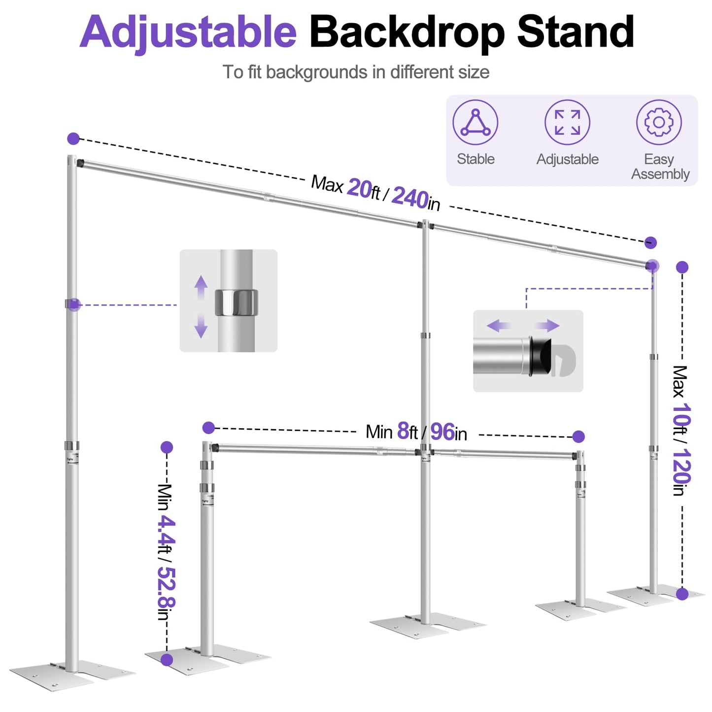 FUDESY 10x20ft Pipe and Drape Backdrop Stand Kit, Heavy Duty Adjustable Backdrop Frame with Flat Base for Photo Studio, Wedding, Party, Event Decoration