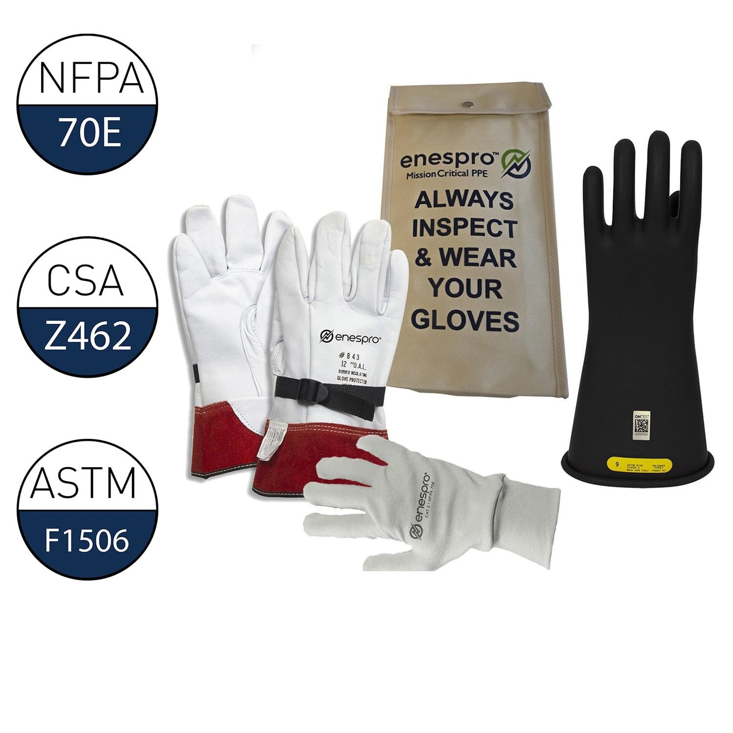 Enespro Class 2 Black Rubber Voltage Insulating Glove Premium Kit with FR Knit Glove and Leather Protectors, Max. Use Voltage 17,000V AC/ 25,500V DC, KITGC2B11AG