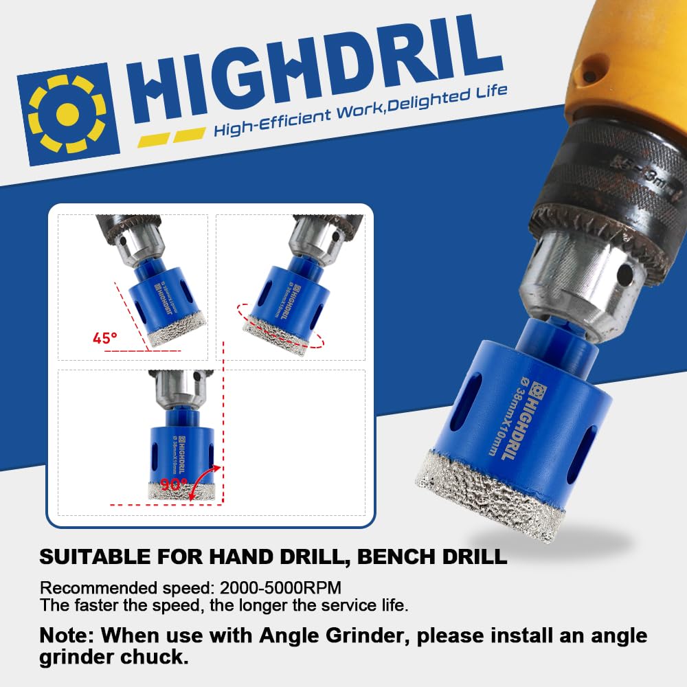 HIGHDRIL 13Pcs Diamond Hole Saw Kit and Dry Diamond Tile Drill Bit with Hex Shank,HIGHDRIL