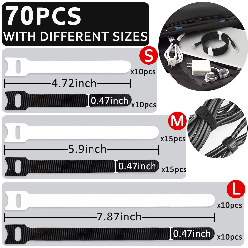 70pcs Cable Ties Reusable Black and White Wire Ties Cable Management Cord Ties Reusable for Electronics Hook and Loop Cable Ties for Computer 4 6 8 Inch