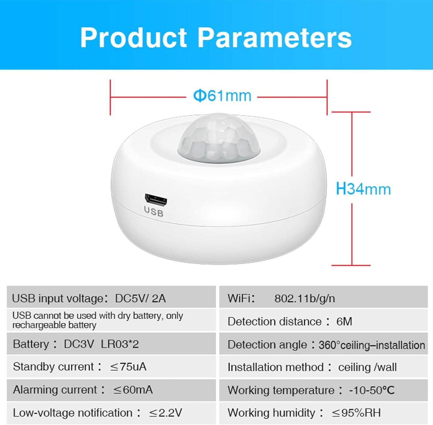 WENGART FH400A,Tuya App,2.4GHz WiFi Light PIR Motion Sensor Combines Human Motion Detection and Light Intensity