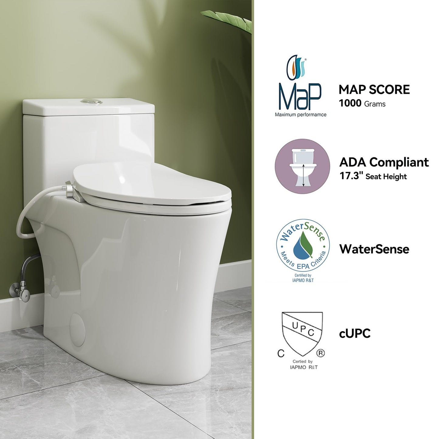 HOROW T0338W One Piece Toilet with Non-Electric Bidet Toilet Seat, Elongated ADA Chair Height Toilets with Adjustable Nozzles Seat, Powerful Dual Flush & Soft Closing Seat Include, White