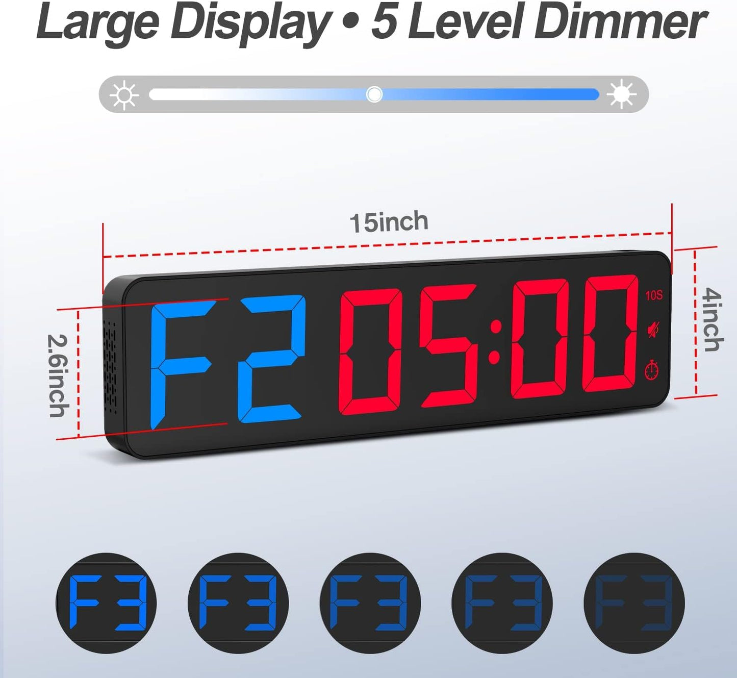Gym Timer 15" Large LED Display Wall Clock | Gym Interval Workout | Count Down & Up | Stopwatch | Adjustable Buzzer Volume | Upgraded Remote | Digital Timer for Fitness Classroom Home Garage Outdoor