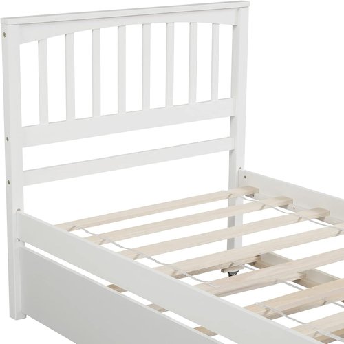 LostCat Twin Size Bed Frame - Trundle & Headboard, Solid Pinewood, No Box Spring Needed, White
