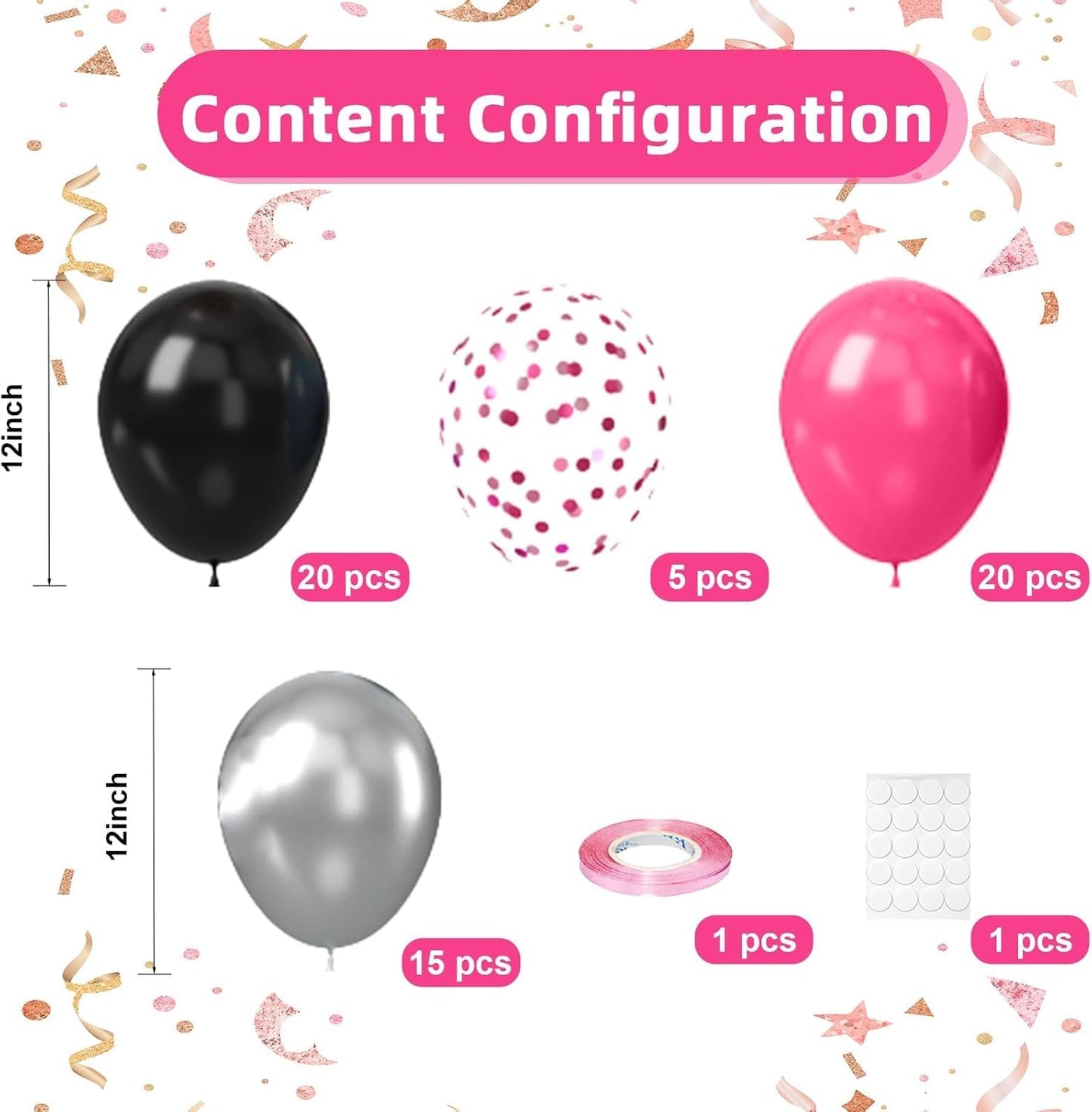Skiennix 12-Inch Black & Hot Pink Balloons - 60 Pack for Birthday Parties & Celebrations | Gender Reveal Decor