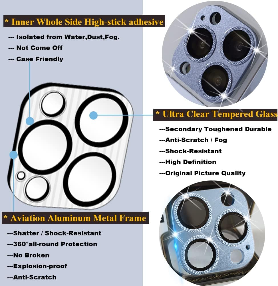 2 Pack 13 10 Camera Lens Protector Compatible for iPhone Pro/Max, Aluminum Alloy Metal & H Tempered Glass