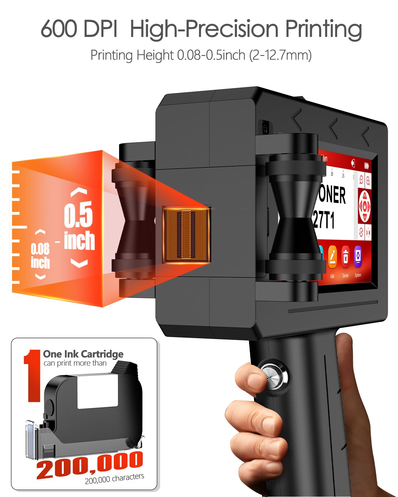TIKTONER 127T1 Handheld Inkjet Printer - Portable Handheld Printer for Text/Logo/QR Code/Barcode/Date/Batch Number/Serial Number, Inkjet Coding Machine for Cardboard/Metal/Plastic/Ceramic/Wood/Fabric