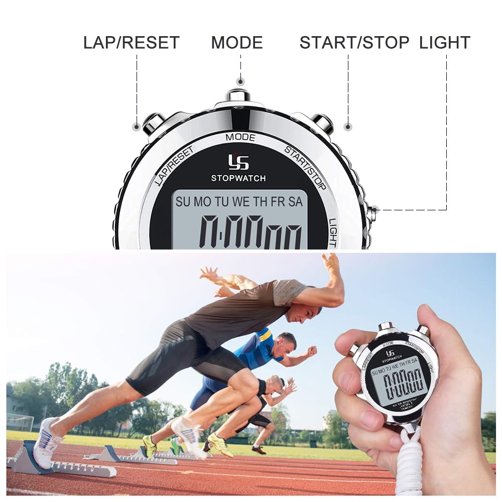LAOPAO Stopwatch Metal Stopwatch Timer with Backlit 1/100th Second Precision 2 Lap Memory Digital Stop Watch for Coaches