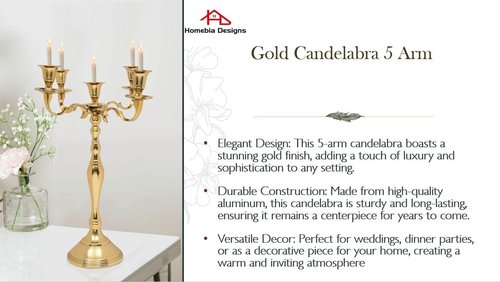 Metal Candelabra | Five Arm Decorative Candlestick Holder - 16 Inch Tall - Elegant Gold Centerpiece for Weddings & Events