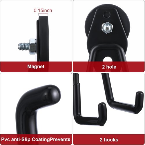 Landhoow Heavy Duty Magnetic Hooks - 6 Pcs Strong Storage Utility Hangers with Anti-Slip Rubber Coating | Black