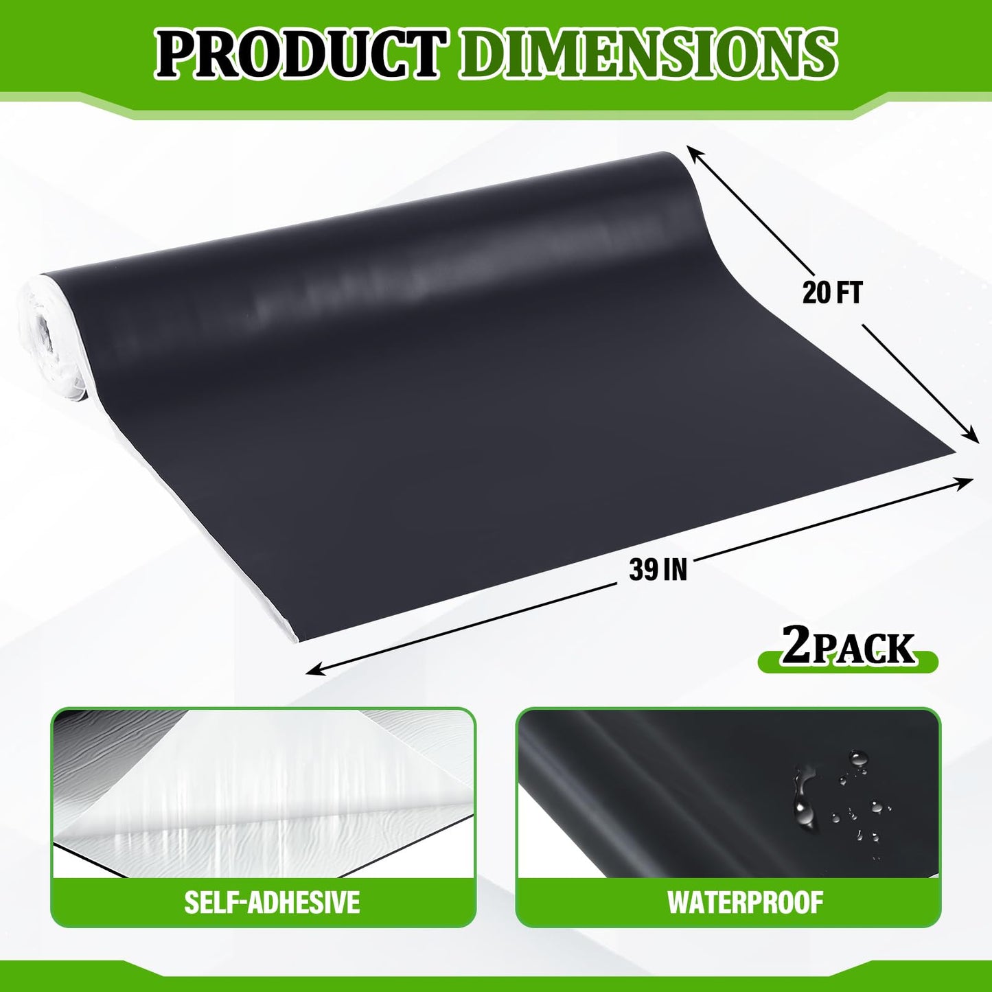 Pushglossy 2 Rolls EPDM Rubber Roofing Membrane 39" x 20ft, Self-Adhesive Waterproof Underlayment, 50 Mil Reinforced Flat Roof Sheet, Ice and Water Sheet for RV, Shed, Garage and Patio