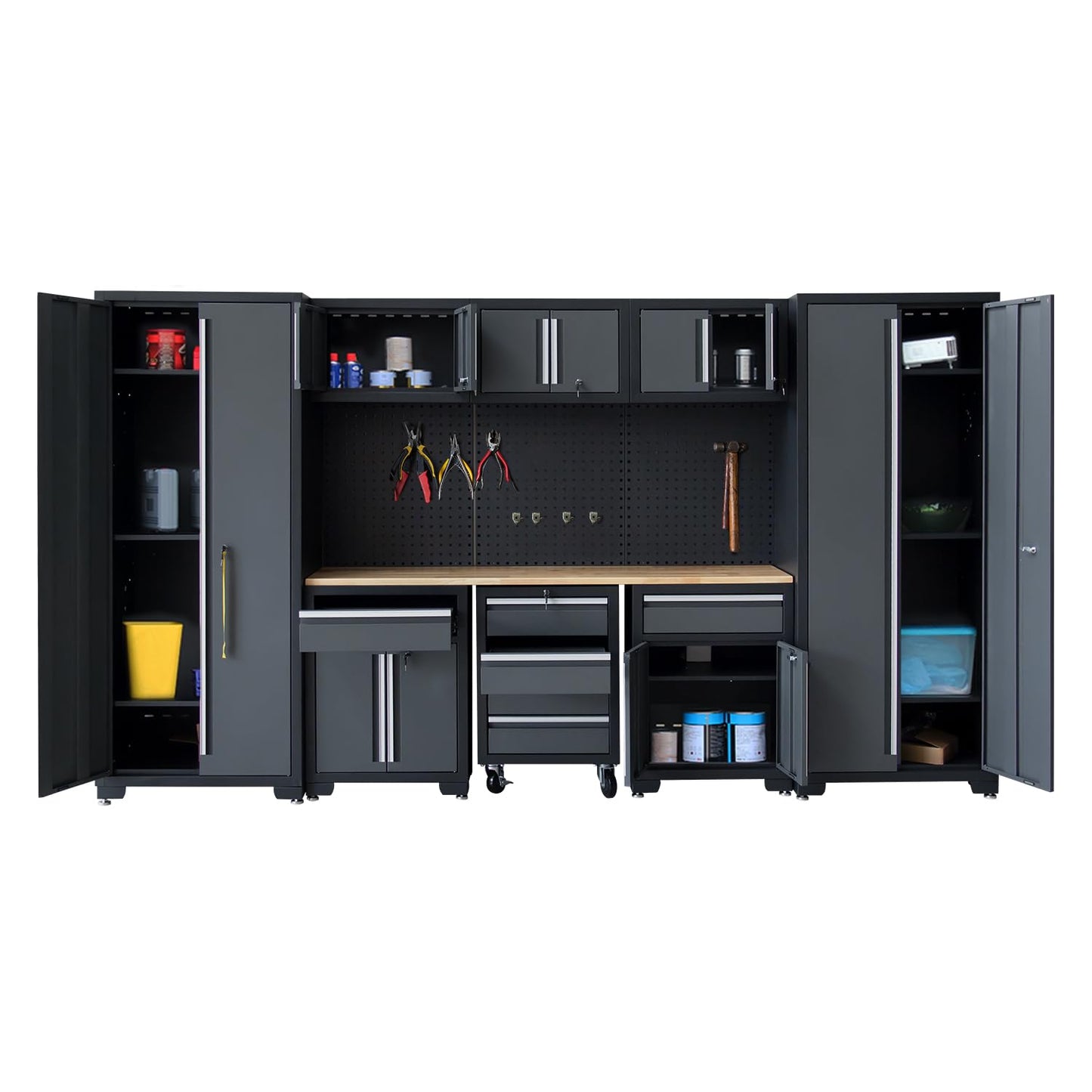 HPDMC Garage Storage Cabinet System 9-Pcs Workshop Set Garage Cabinets and Storage System with Steel Cabinet Drawers, Rolling Chest, Workbench, Pegboard for Garage Tool Organization, Black and Grey