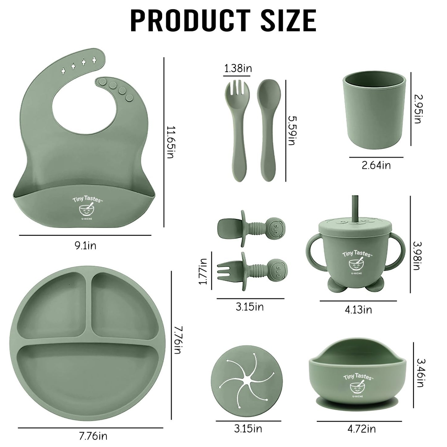 Tiny Tastes 10-Piece Silicone Baby Feeding Set – BPA-Free, Spill-Proof Suction Plate, Bowl, Bib, Snack Cup & Utensils | Dishwasher Safe, Baby Gift Ready (Green)
