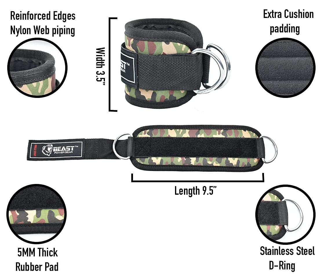 Beastpowergear Padded Ankle Strap for Cable Machine, Kickbacks, Glutes, Abs and Hip Workouts, Leg Extensions Adjustable Ankle Strap for Men Women (Camo, Pair)
