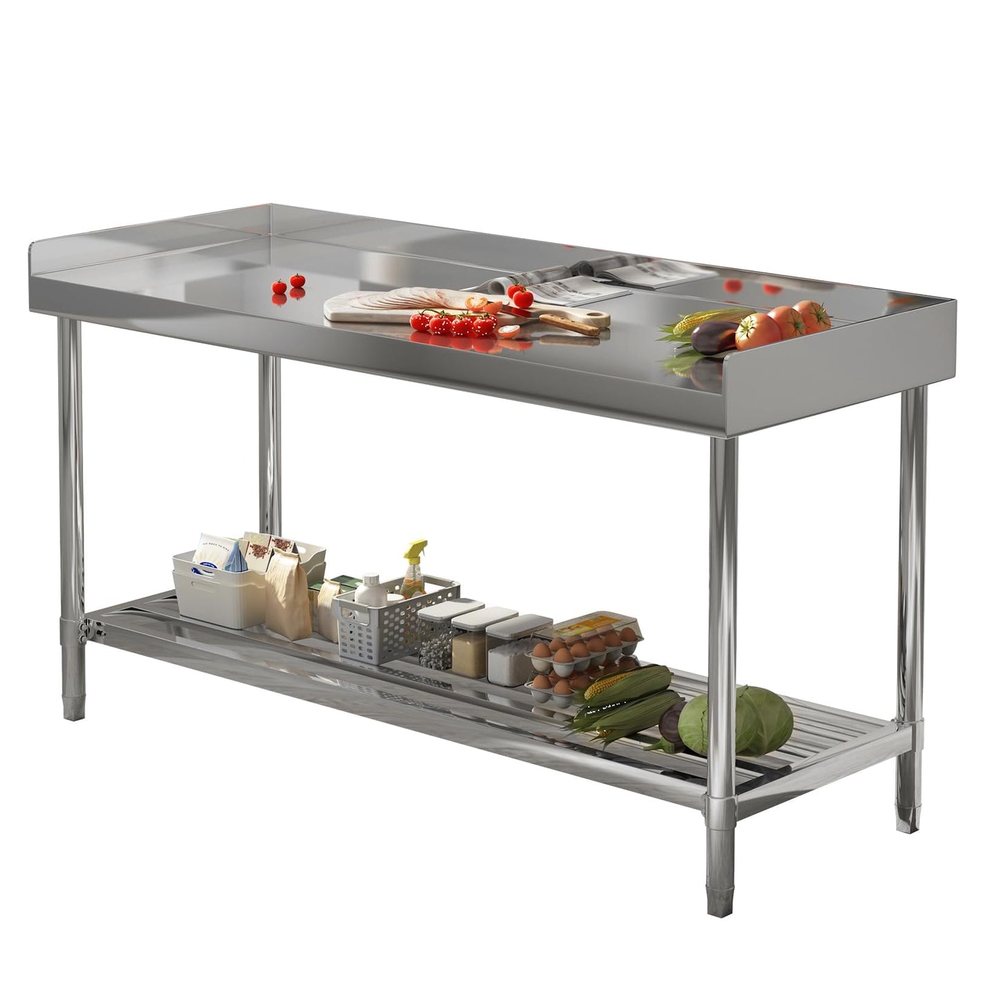 Garvee 48x24 in NSF Stainless Steel Table with Backsplash – Commercial Kitchen Prep Table for Restaurant, Home & Hotel, Heavy-Duty Workstation with Adjustable Undershelf & Splash Guard