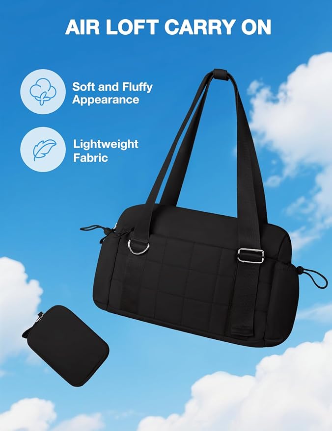 VUUDH Puffy Mini Gym Bag for Women, Carry On Multi-Pocket Water-Resistant Duffel, Lightweight Sports Bag for Fitness, Work, Travel, Daily Commute,Black